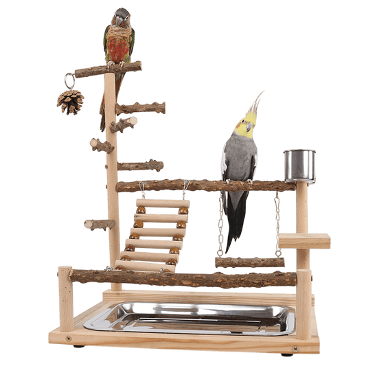 Natural Wooden Bird Play Stand - Multi-Level Parrot Perch with Toys & Ladder